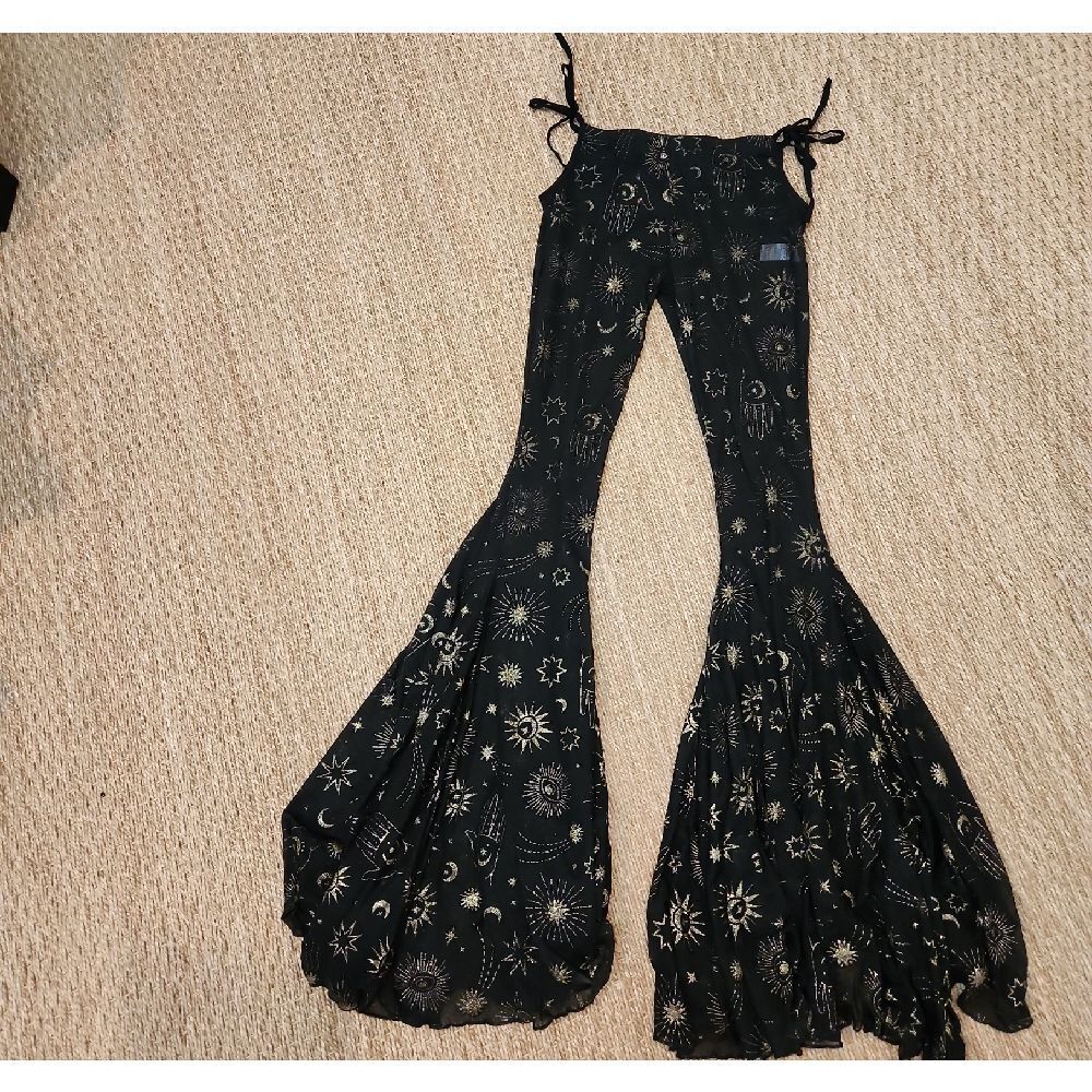Dolls Kill Black Sheer Flare Pants with Gold Pattern SIZE S NWT